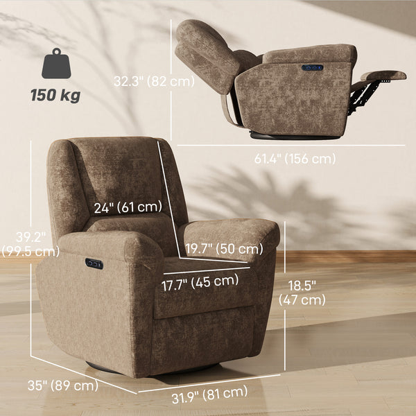 Electric reclining armchair, upholstered in fabric, with USB ports, swivel and rocking function, and footrest, Brown