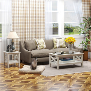 Farmhouse Style Coffee Table with Tempered Glass Top, White Oak
