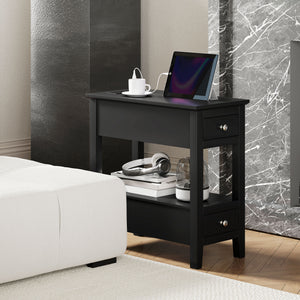 Narrow side table with charging station and storage shelf, black