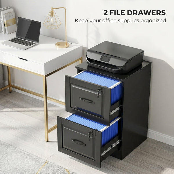 2-drawer vertical file cabinet with lock, with adjustable hanging rails for A4 and Letter sizes, black