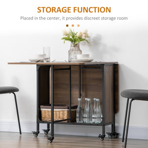 Folding dining table with storage shelf and 6 castors, light brown