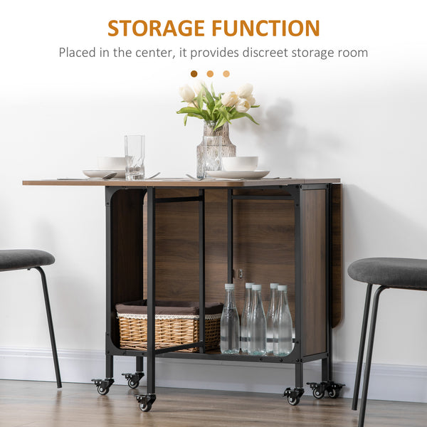 Folding dining table with storage shelf and 6 castors, light brown