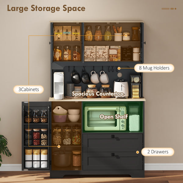Kitchen unit with 3 cupboards, 2 drawers, adjustable shelves and microwave stand, black.