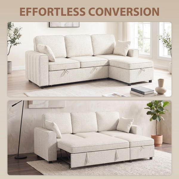 Modular sectional sofa bed with reversible storage ottoman and spring cushions, beige