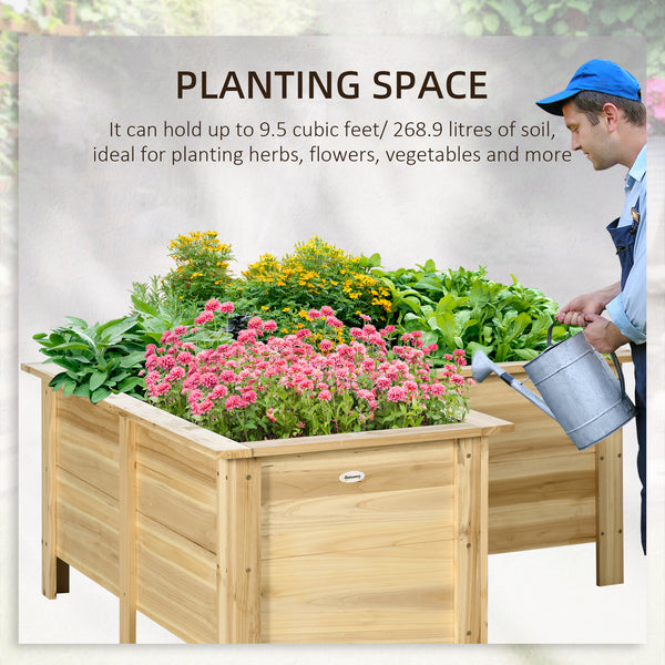 Raised L-shaped planter in natural wood
