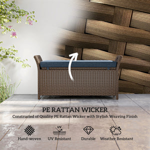 2-in-1 outdoor wicker storage bench with handles and cushion, navy blue