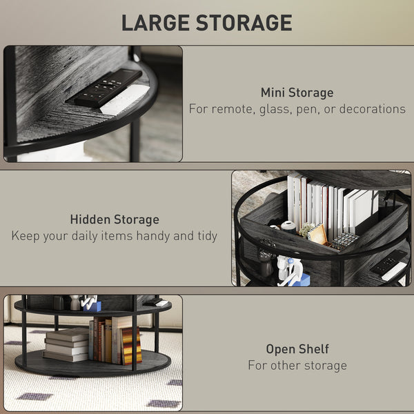 Round coffee table with storage shelf, aged dark gray