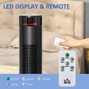 Freestanding tower fan with 3 speeds, 12-hour timer, oscillating, LED panel, remote control, black