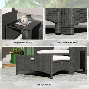 5 Piece Rattan Furniture Set with Two-Tier Coffee Table and Ottomans, Grey and Cream White