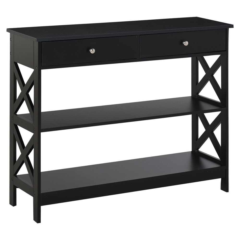 Console Table with Storage Shelves, Drawers and X-Frame, Black