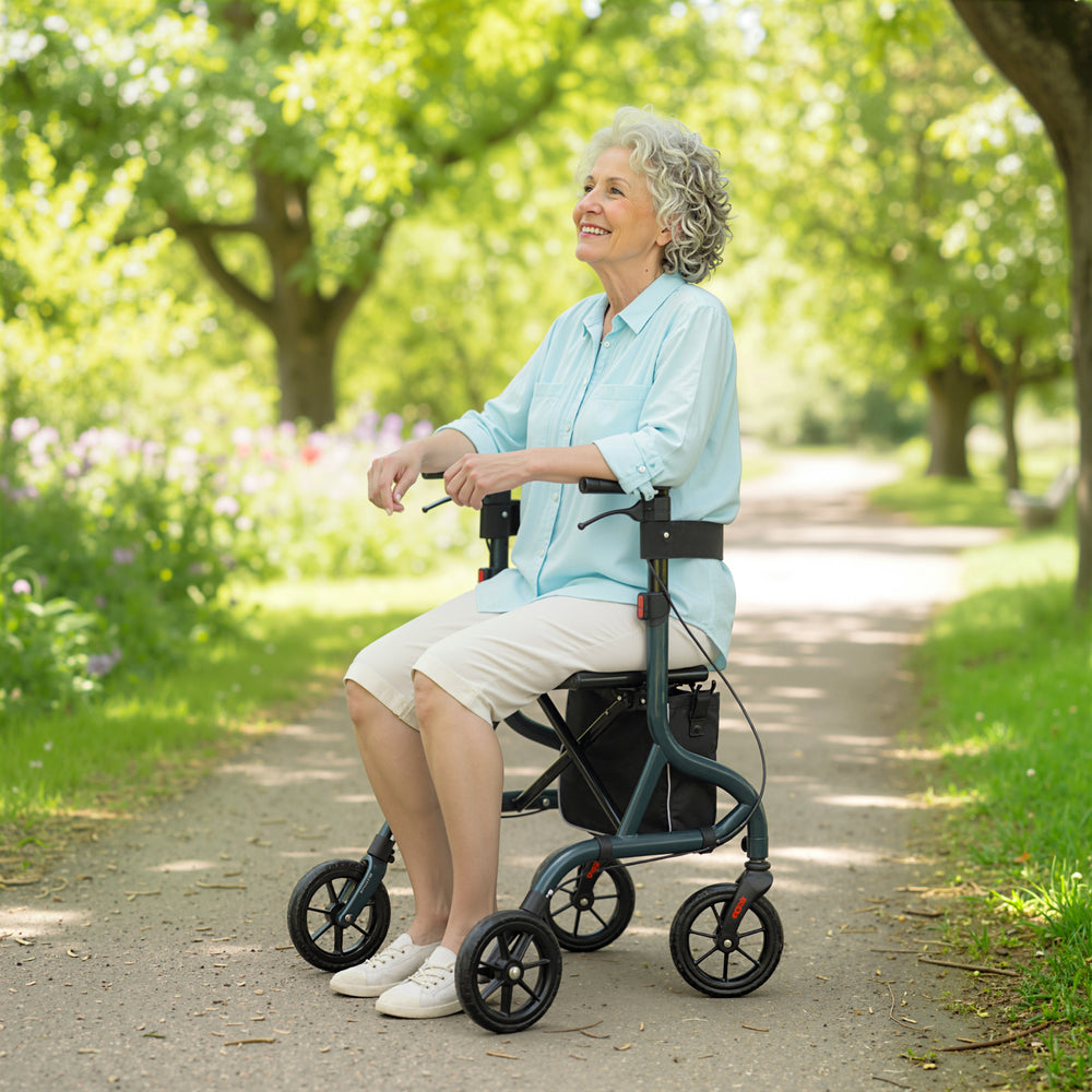 Foldable rollator walker with seat for seniors, lightweight with wheels, and adjustable handles, green