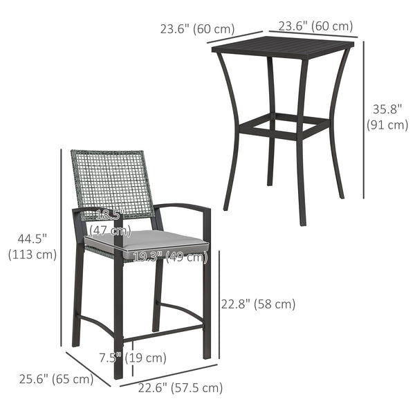 3-piece bar table and chairs set with cushions