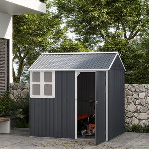 Metal garden shed with lockable door, ventilation, sloping roof, dark grey