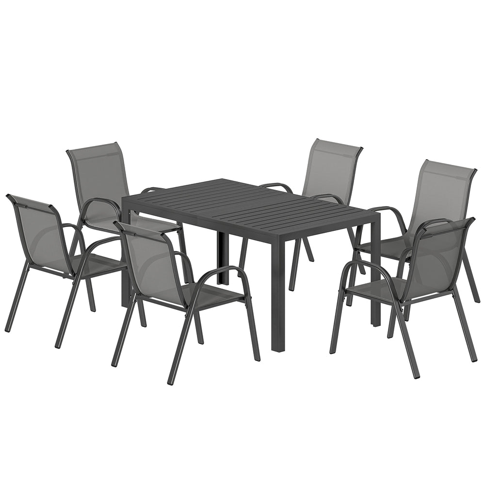 7-piece dining set for 6 people, stackable chairs, light grey