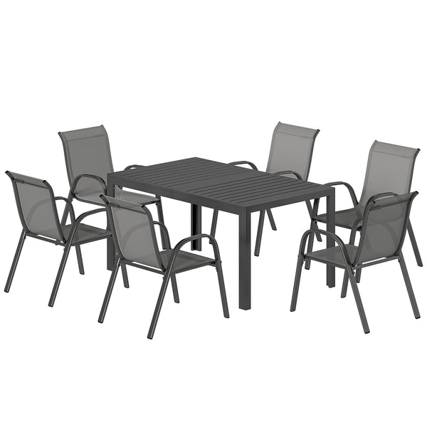 7-piece dining set for 6 people, stackable chairs, light grey
