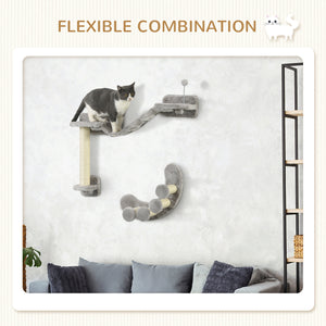 Wall-mounted cat shelf with scratching post, flexible ladder and play ball, grey 