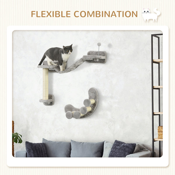 Wall-mounted cat shelf with scratching post, flexible ladder and play ball, grey 