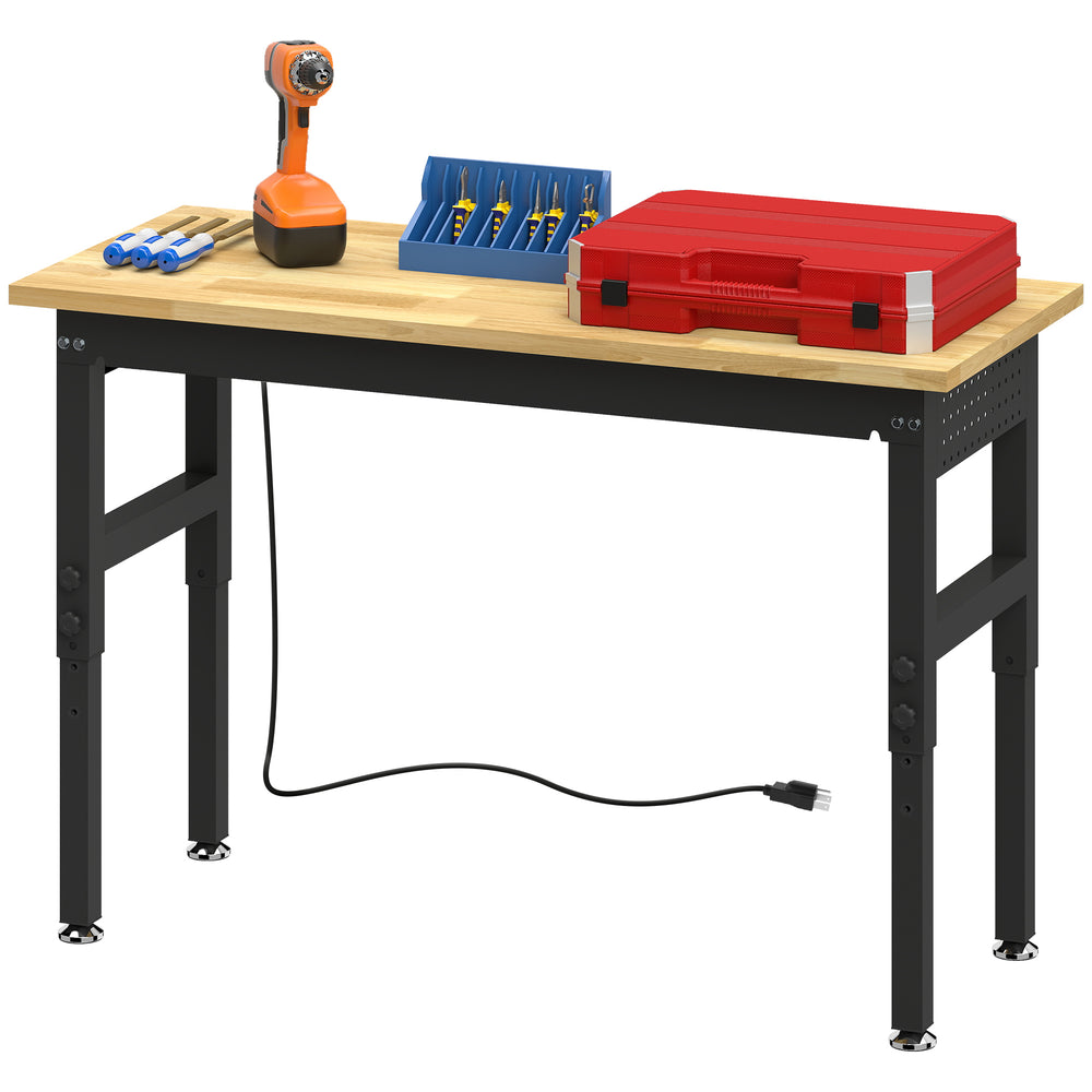 Height-adjustable heavy-duty workbench with power outlets, USB ports, and tool pegboard – Natural wood and black