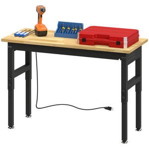 Height-adjustable heavy-duty workbench with power outlets, USB ports, and tool pegboard – Natural wood and black