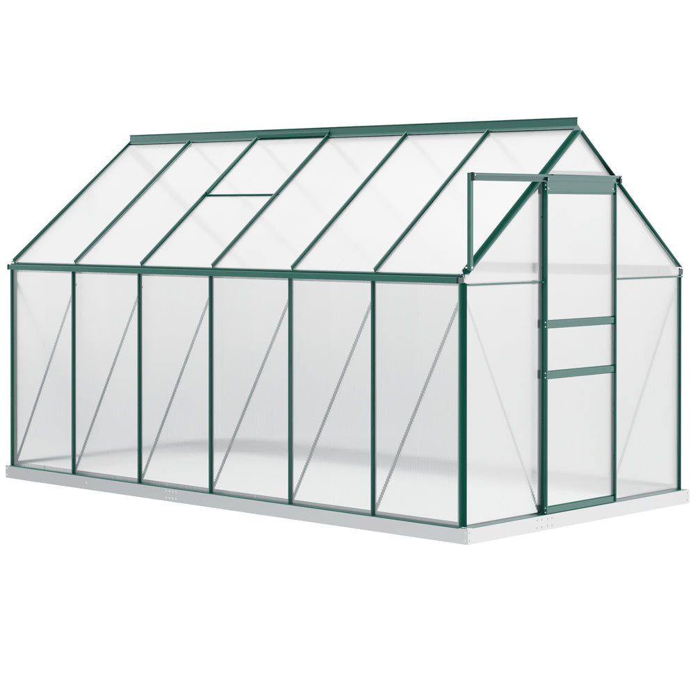 Green polycarbonate greenhouse with adjustable ventilated roof, galvanized base, sliding door and gutter