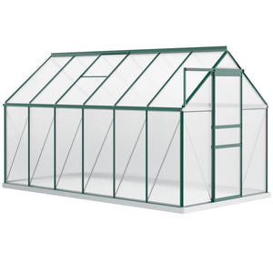 Green polycarbonate greenhouse with adjustable ventilated roof, galvanized base, sliding door and gutter