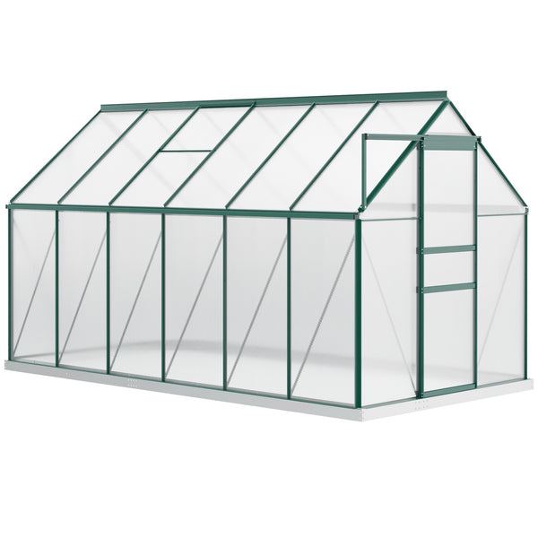 Green polycarbonate greenhouse with adjustable ventilated roof, galvanized base, sliding door and gutter