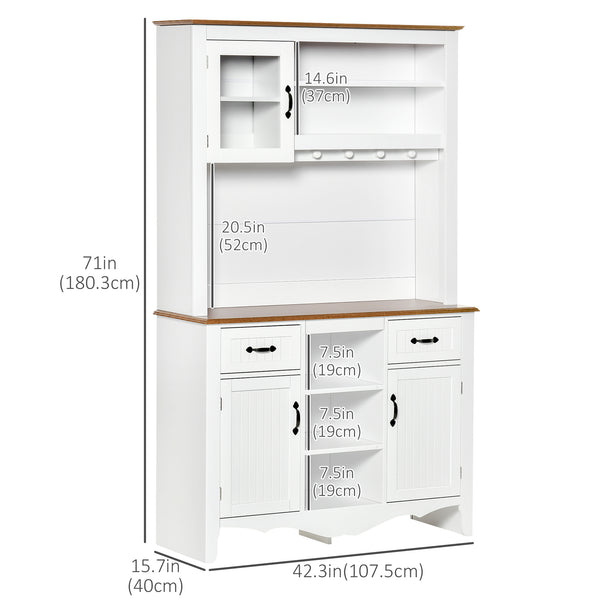 Country Style Kitchen Sideboard with Utility Drawer and 5 Tier Shelves, White