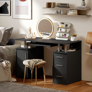 Computer desk with keyboard tray, drawers and storage shelves, black