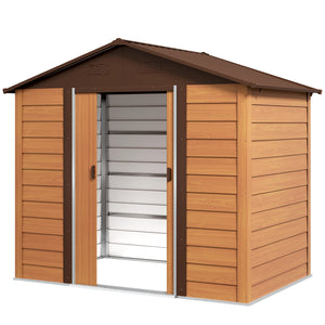 Outdoor metal garden shed with lock and ventilation, dark brown