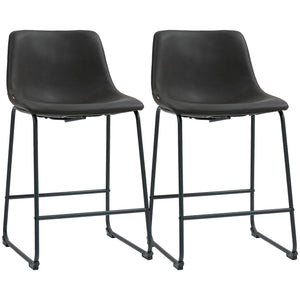 Set of 2 vintage style faux leather bar stools with footrest, dark brown.
