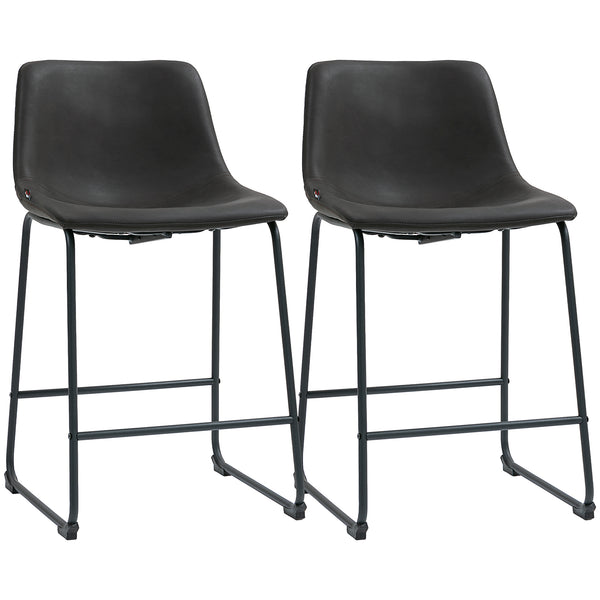 Set of 2 vintage style faux leather bar stools with footrest, dark brown.