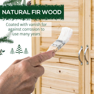 Wooden garden shed with interior shelf and double door, natural color