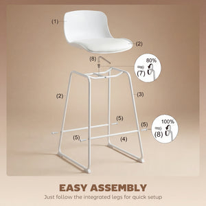 Set of 2 modern faux leather bar stools, counter height, white.