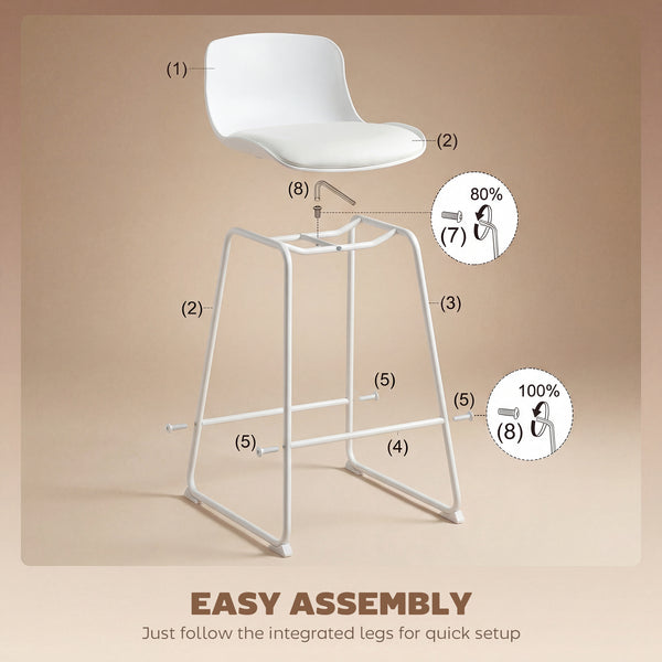 Set of 2 modern faux leather bar stools, counter height, white.