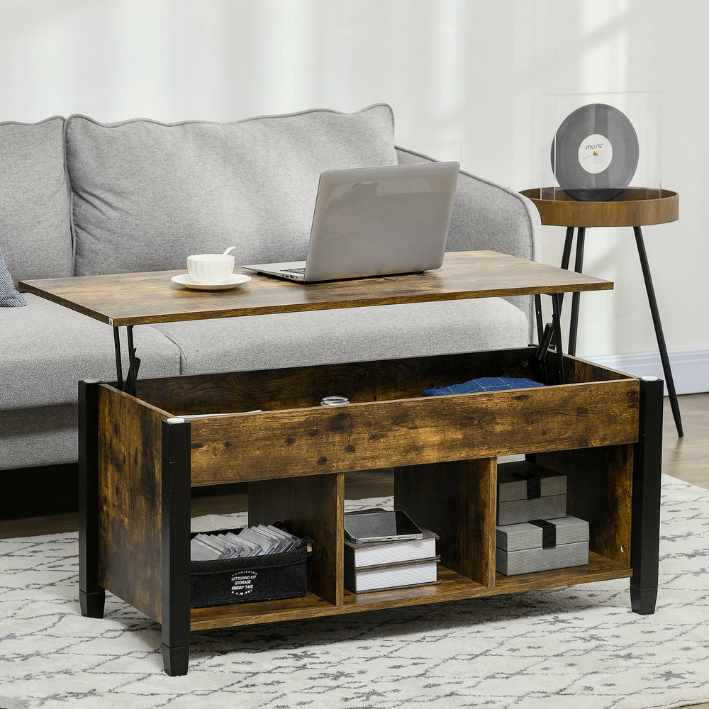 Lift-top coffee table with hidden storage compartment, 3 lower shelves, rustic brown