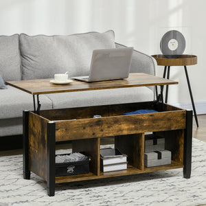 Lift-top coffee table with hidden storage compartment, 3 lower shelves, rustic brown