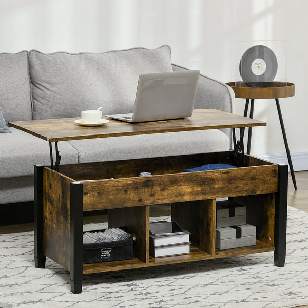 Lift-top coffee table with hidden storage compartment, 3 lower shelves, rustic brown
