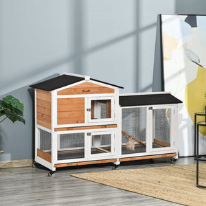 Wooden hutch with wheels, enclosure, tray, and ramp