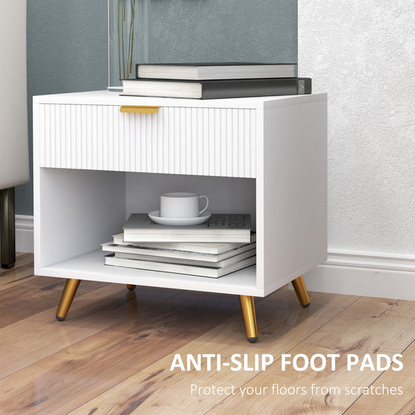 Bedside table with fluted panel, drawer and open compartment, white