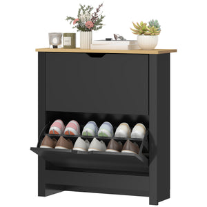 Shoe cabinet with 2 tilt-out drawers and adjustable shelves for 8 to 12 pairs of shoes, black