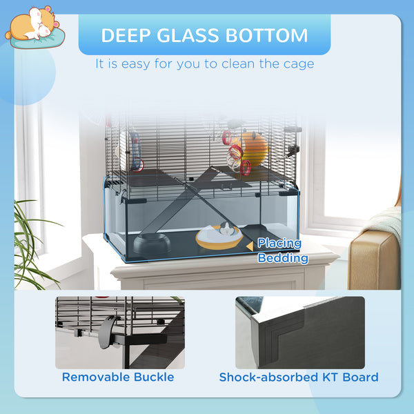 Cage with deep glass bottom, tunnel system, platforms and nest box