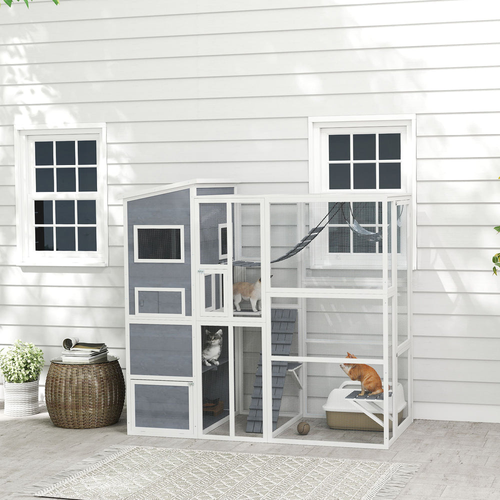 Cat enclosure with cat house, jumping platforms, ladder, ramps and hammock, grey