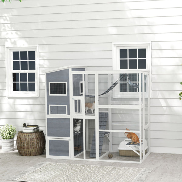Cat enclosure with cat house, jumping platforms, ladder, ramps and hammock, grey