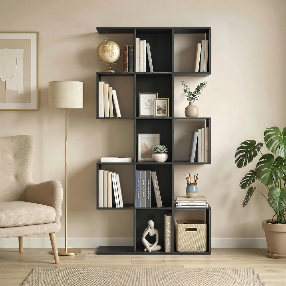 5-tier S-shaped geometric bookshelf with 15 compartments, black wood look.