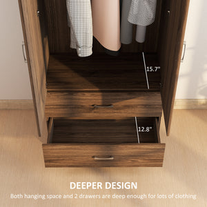 Wardrobe with hanging rod and 2 doors with 2 drawers, walnut