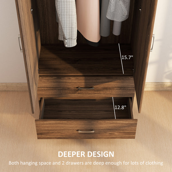 Wardrobe with hanging rod and 2 doors with 2 drawers, walnut