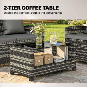 4-piece wicker resin conversation set with a two-seater sofa, chairs and a two-tier table with cushions, dark gray.