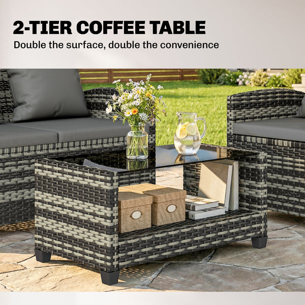 4-piece wicker resin conversation set with a two-seater sofa, chairs and a two-tier table with cushions, dark gray.