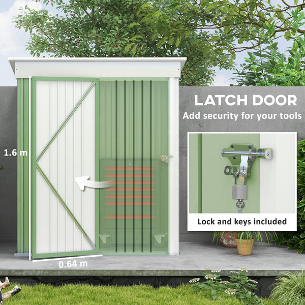 Steel garden shed with adjustable shelf, lock and gloves, green