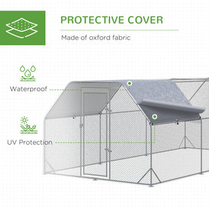 Large galvanized metal chicken coop with flat roof and tarp